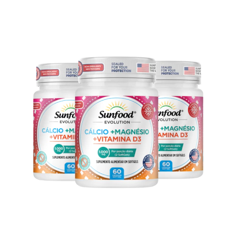 KIT 03 CÁLCIO + MAGNÉSIO + VITAMINA D3 1000MG 60 SOFTGELS - SUNFOOD EVOLUTION