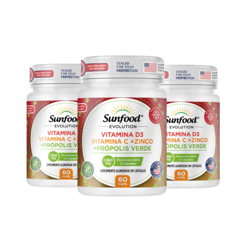KIT 03 VITAMINA D3 + VITAMINA C + ZINCO + PROPOLIS VERDE 1360MG 60 CAPSULAS - SUNFOOD EVOLUTION