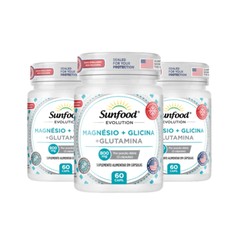 KIT 03 MAGNÉSIO + GLICINA + GLUTAMINA 800MG 60 CAPSULAS - SUNFOOD EVOLUTION
