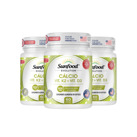 KIT 03 CÁLCIO + VITAMINA K2 + VITAMINA D3 500MG 60 SOFTGELS SUNFOOD EVOLUTION