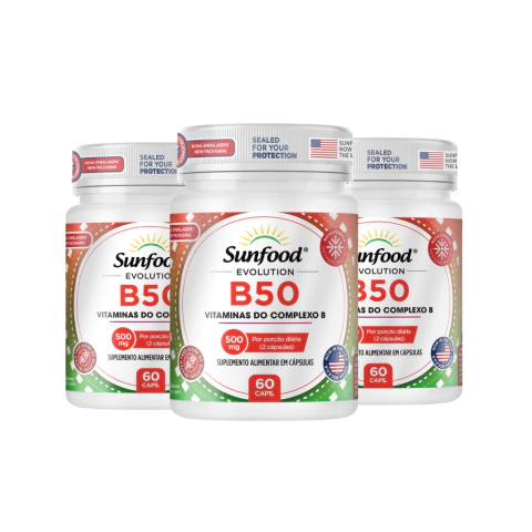 KIT 03 B50 COMPLEXO DE VITAMINAS 500MG 60 CAPSULAS - SUNFOOD EVOLUTION