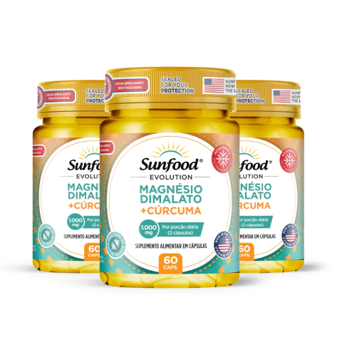 KIT 03 MAGNÉSIO DIMALATO + CÚRCUMA 1000MG 60 CAPSULAS - SUNFOOD EVOLUTION - comprar online