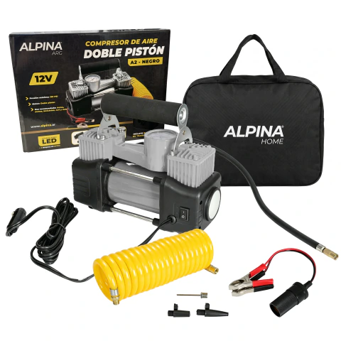 Compresor De Aire 12V Inflador Portatil Auto Bici Moto Doble Piston Alpina