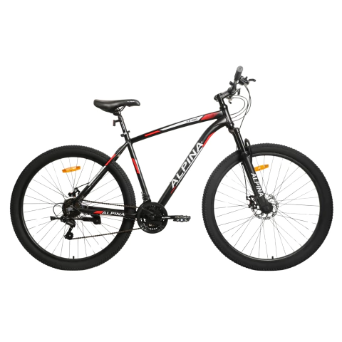 Bicicleta Alpina 3.0 Pro mountain bike rodado 29 de aluminio, color negro con detalles rojos y blancos, equipada con frenos a disco y transmisión Shimano de 21 velocidades.