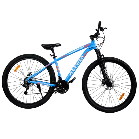 Bicicleta Alpina 3.0 Pro mountain bike rodado 29 de aluminio, color celeste, con frenos a disco y transmisión Shimano de 21 velocidades.