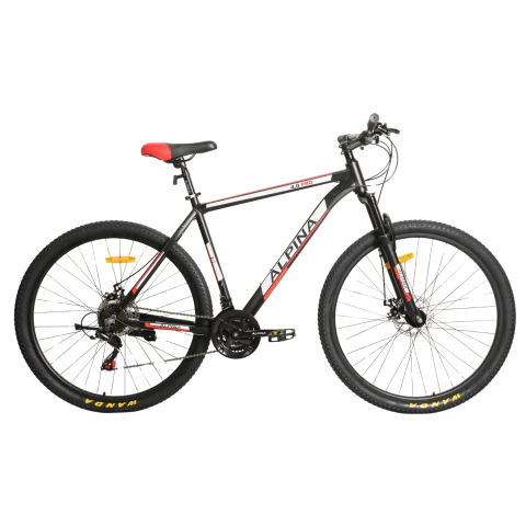 Bicicleta Alpina 4.0 Pro rodado 29, mountain bike negra con detalles rojos y blancos, equipada con frenos a disco y cambios Shimano.