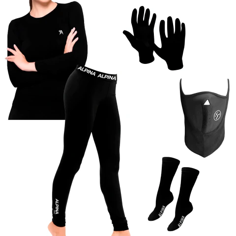 Kit Conjunto Termico + Guantes Pp + Medias Pp + Mascara Frio Extremo Frizado Mujer Alpina
