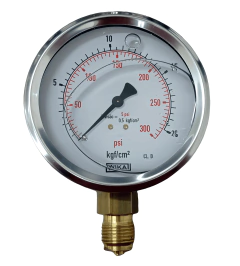 Manômetro vertical com glicerina, escala de 0 a 20 bar, conexão 1/2" BSP, mostrador branco com marcações em psi e kgf/cm²