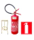 Kit extintor de incêndio PQS BC 6 kg vermelho com mangueira, suporte metálico para chão e placa de sinalização vermelha com símbolo de extintor branco