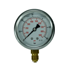 Manômetro vertical com glicerina, escala de 0 a 60 bar e 0 a 900 psi, conexão 1/4" BSP