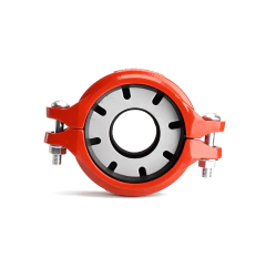 Acoplamento redução ranhurada A536 300 UL/FM em aço com pintura vermelha e parafusos de fixação