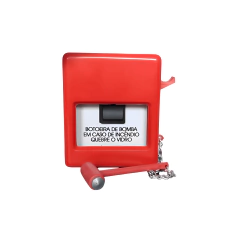 Botoeira de bomba de incêndio vermelha com martelinho acoplado para quebrar o vidro