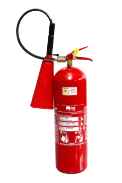 Extintor de incêndio portátil de gás carbônico CO2 com capacidade de 6 kg, corpo vermelho e bocal de descarga característico