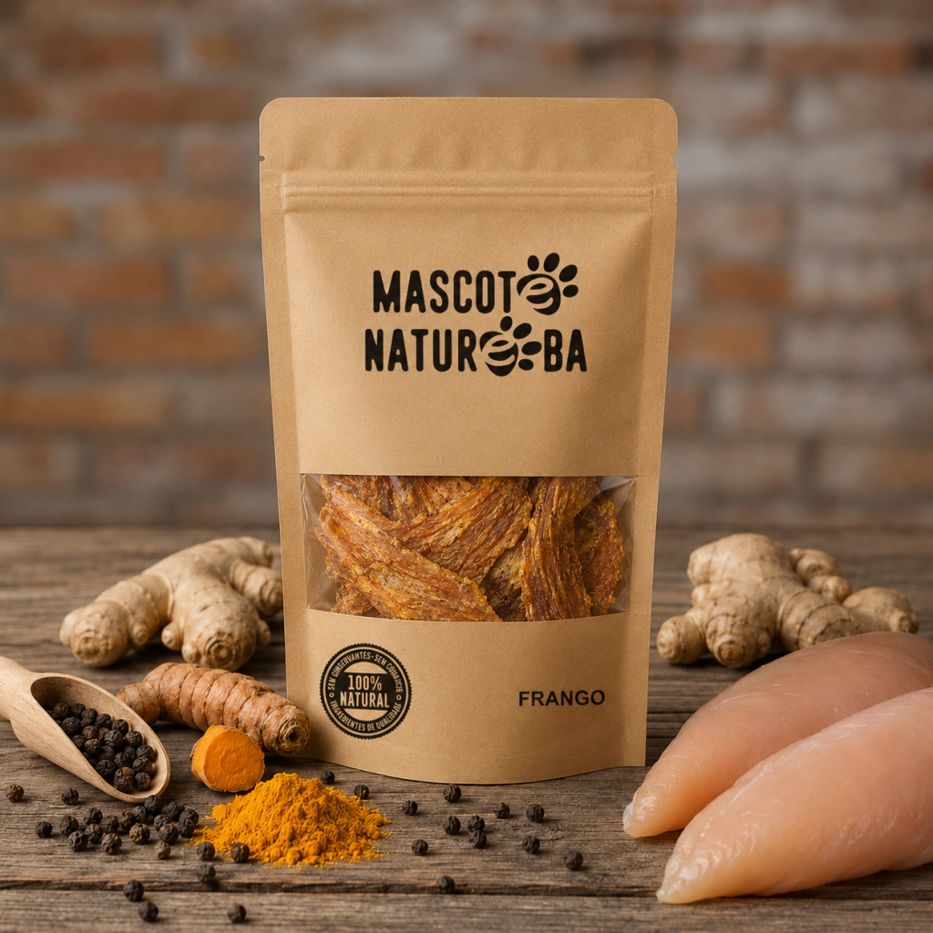 Pacote Mascote Natureba de frango com os ingredientes ao lado