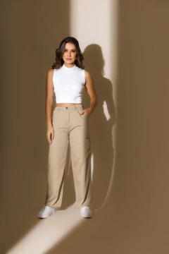 CALÇA WIDE LEG FIT CARGO CAQUI LINHO - Jeans Feminino de Alta Qualidade - Windster
