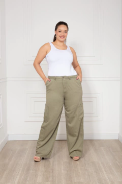 CALÇA WIDE LEG FIT CARGO VERDE OLIVA LINHO