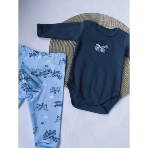 Conjunto body e calça Estampa Aviador Fio Egípcio 100% Algodão, Tamanho RN