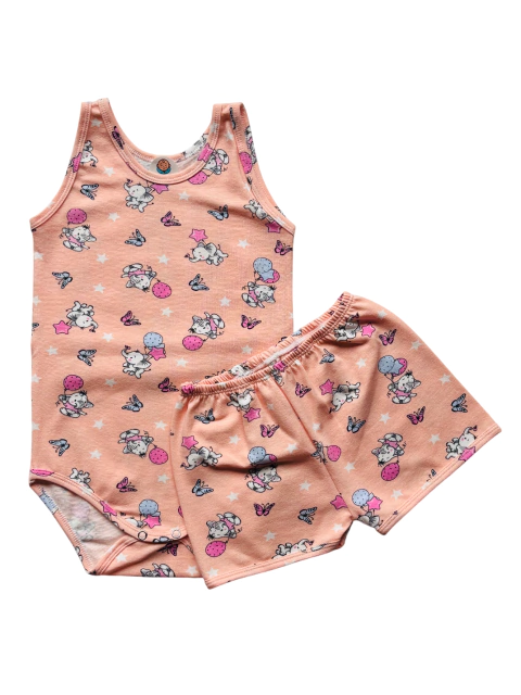 Conjunto Body com Shorts Elefantinho Salmão 100% algodão