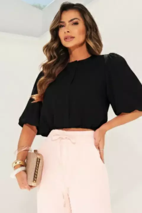 Cropped Sol: Abotoamento nas Costas, Mangas Bufantes e Detalhe Frontal - comprar online