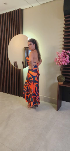 Vestido Longo frente única - Fátima - Fundo Laranja - comprar online