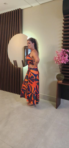 Vestido Longo frente única - Fátima - Fundo Laranja