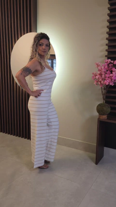 Macacão Tricot Pantalona Listrado Zara - Fundo Cru - comprar online