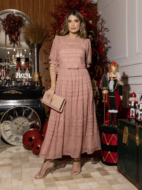 Embroidered Tulle Dress with Bow Belt: - buy online