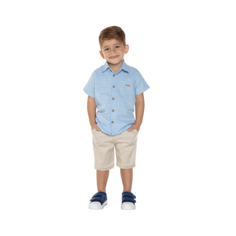 Conjunto Infantil Menino Casula com Camisa em Tricoline Quadriculado e Shorts em Sarja com Elastano