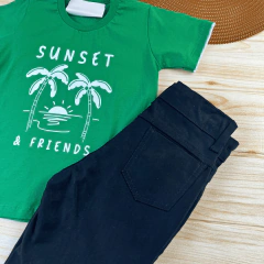 Conjunto Infantil Bermuda Preta + Camiseta Verde Menino Look Verão