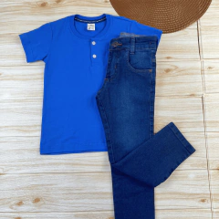 Conjunto Infantil Calça Jeans Escura + Camisa Gola Padre Menino Look Estiloso - comprar online