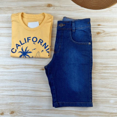 Conjunto Infantil Bermuda Jeans Escura + Camiseta Amarela Menino Look Verão - loja online
