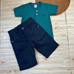 Imagem do Conjunto Infantil Bermuda Preta + Camisa Gola Padre Menino Look Verão