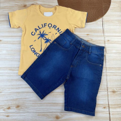 Conjunto Infantil Bermuda Jeans Escura + Camiseta Amarela Menino Look Verão - Arianys Baby