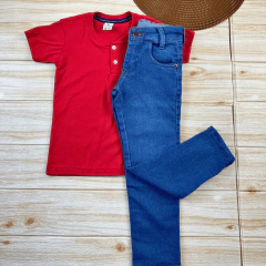 Conjunto Infantil Calça Jeans Clara + Camisa Gola Padre Menino Look Estiloso - comprar online