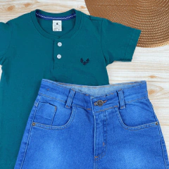 Conjunto Infantil Bermuda Jeans Clara + Camisa Gola Padre Menino Look Verão - loja online