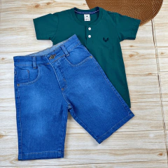 Conjunto Infantil Bermuda Jeans Clara + Camisa Gola Padre Menino Look Verão