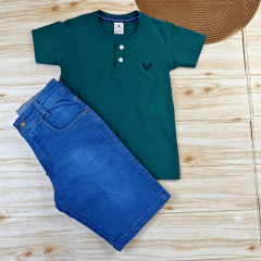 Imagem do Conjunto Infantil Bermuda Jeans Clara + Camisa Gola Padre Menino Look Verão
