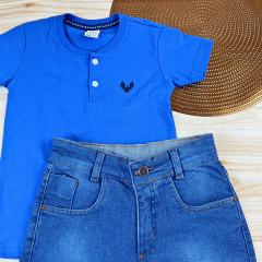 Conjunto Infantil Bermuda Jeans Clara + Camisa Gola Padre Menino Look Verão