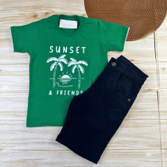 Conjunto Infantil Bermuda Preta + Camiseta Verde Menino Look Verão - loja online