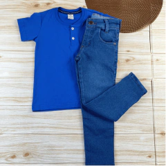 Conjunto Infantil Calça Jeans Clara + Camisa Gola Padre Menino Look Estiloso - Arianys Baby
