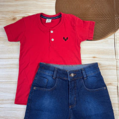 Conjunto Infantil Bermuda Jeans Escura + Camisa Gola Padre Menino Look Verão - loja online