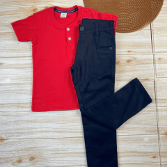 Imagem do Conjunto Infantil Calça Slim Preta + Camisa Gola Padre Menino Look Estiloso
