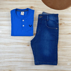 Conjunto Infantil Bermuda Jeans Escura + Camisa Gola Padre Menino Look Verão - comprar online