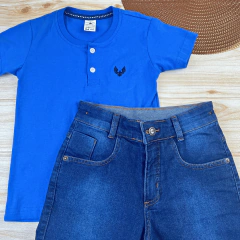 Conjunto Infantil Bermuda Jeans Escura + Camisa Gola Padre Menino Look Verão na internet