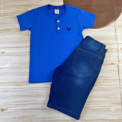 Imagem do Conjunto Infantil Bermuda Jeans Escura + Camisa Gola Padre Menino Look Verão