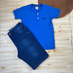 Conjunto Infantil Bermuda Jeans Escura + Camisa Gola Padre Menino Look Verão - Arianys Baby