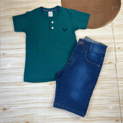Conjunto Infantil Bermuda Jeans Escura + Camisa Gola Padre Menino Look Verão - Arianys Baby