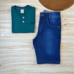 Conjunto Infantil Bermuda Jeans Escura + Camisa Gola Padre Menino Look Verão na internet