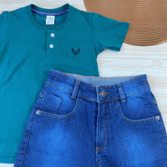 Conjunto Infantil Bermuda Jeans Escura + Camisa Gola Padre Menino Look Verão