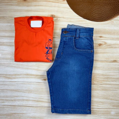 Conjunto Infantil Bermuda Jeans Clara + Camiseta Laranja Menino Look Verão - Arianys Baby